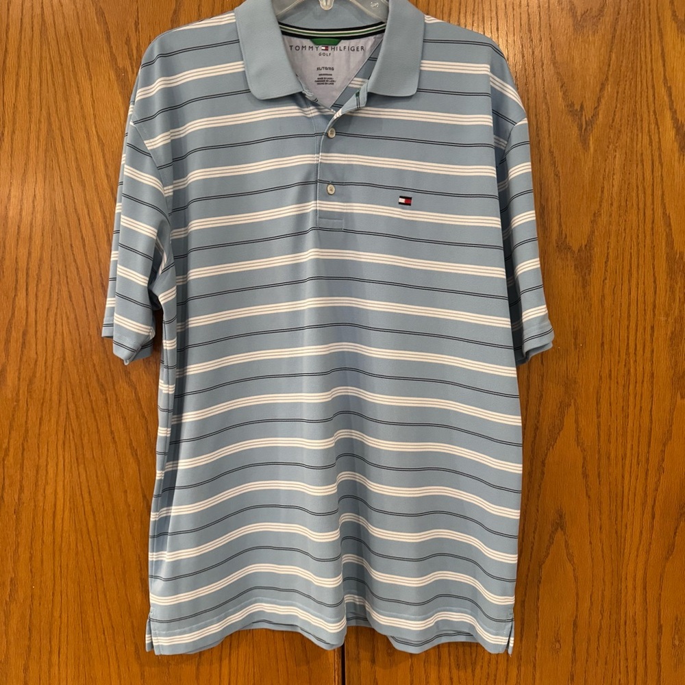 Tommy Hilfiger Men's XL Light Blue Striped Golf Polo with White & Navy Accents